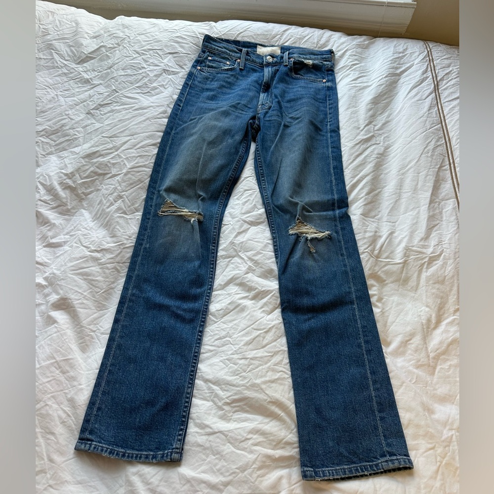MOTHER Distressed Denim Jeans in Blue Wash